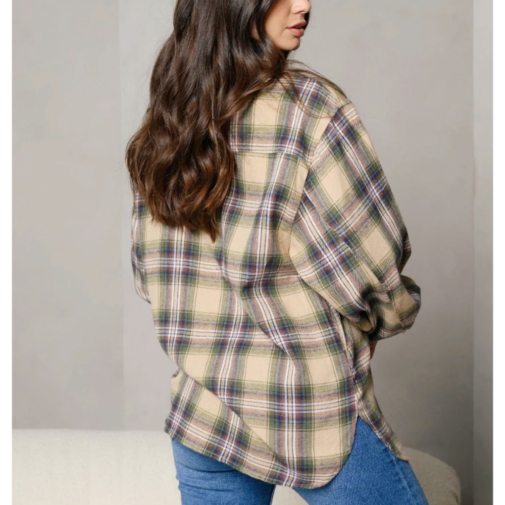 PEACH LOVE CALIFORNIA Oversized Taupe And Olive Plaid Flannel Top - Picture 3 of 6